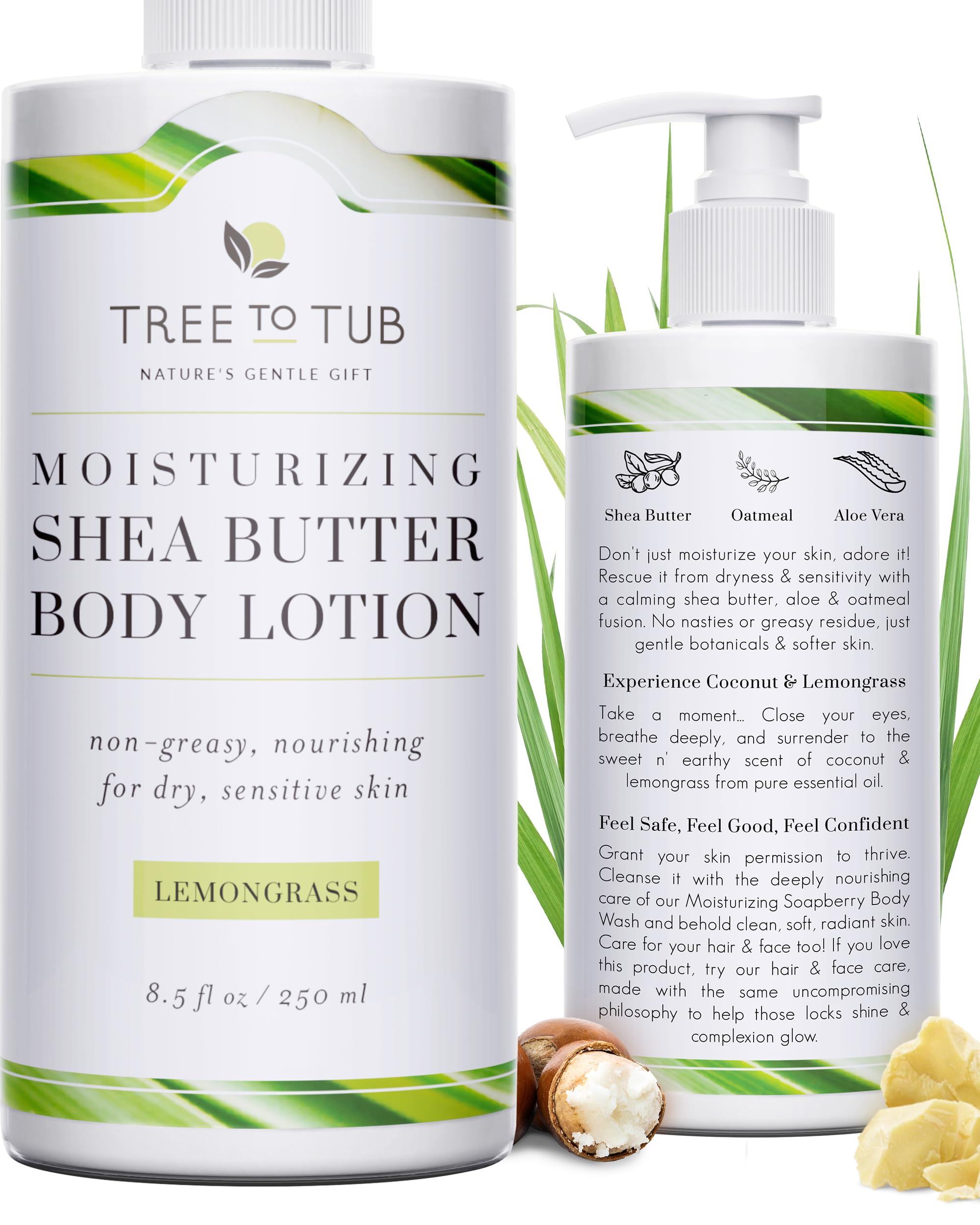 Tree to Tub Moisturizing Shea Butter Lotion for Extremely Dry Skin - Lemongrass & Coconut Body Cream for Women & Men